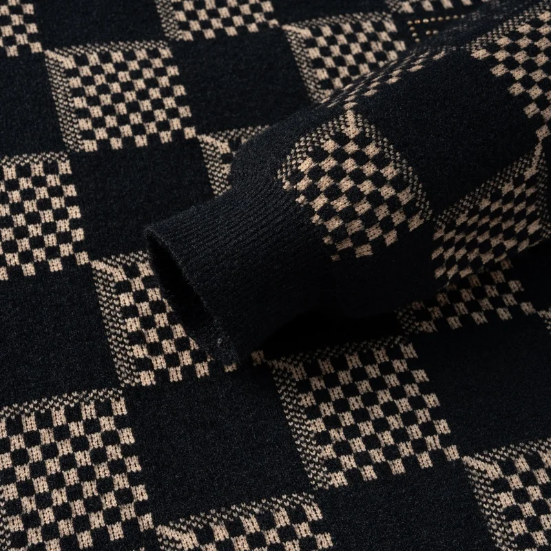 Men's Crystal Short Velvet Anti-Pilling Knit Sweater Checkerboard Jacquard Crewneck Pullover Long Sleeve Warm Soft Autumn Winter