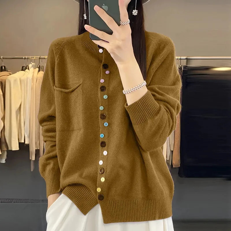 Cashmere Sweater Cardigan Women Single Breasted Long Sleeve Elegant Vintage Jumper Solid Wool Knitted Autumn Winter Outwear 2024