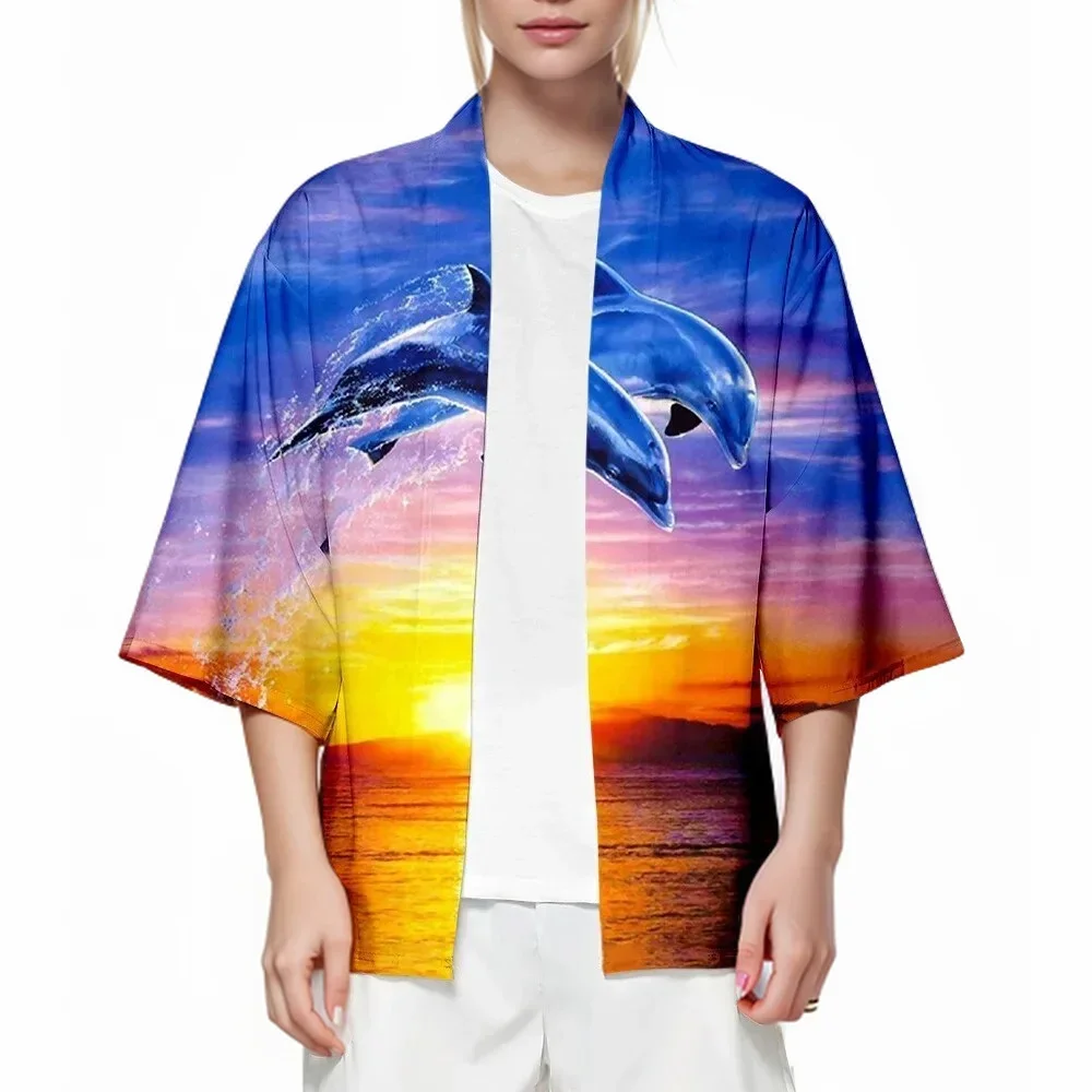 Summer Dolphin Kimono Hawaiian Shirt Kawaii Beach Casual Tops Unisex Yukata Bathrobes Cute Loose Kimonos Fashion Outwear Chic