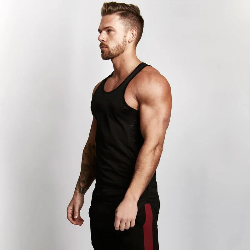 Solid Color Mens Fitness Running Tank Tops Sleeveless Breathable Mesh Quick Dry Singlets Gym Bodybuilding Workout Muscle Shirt