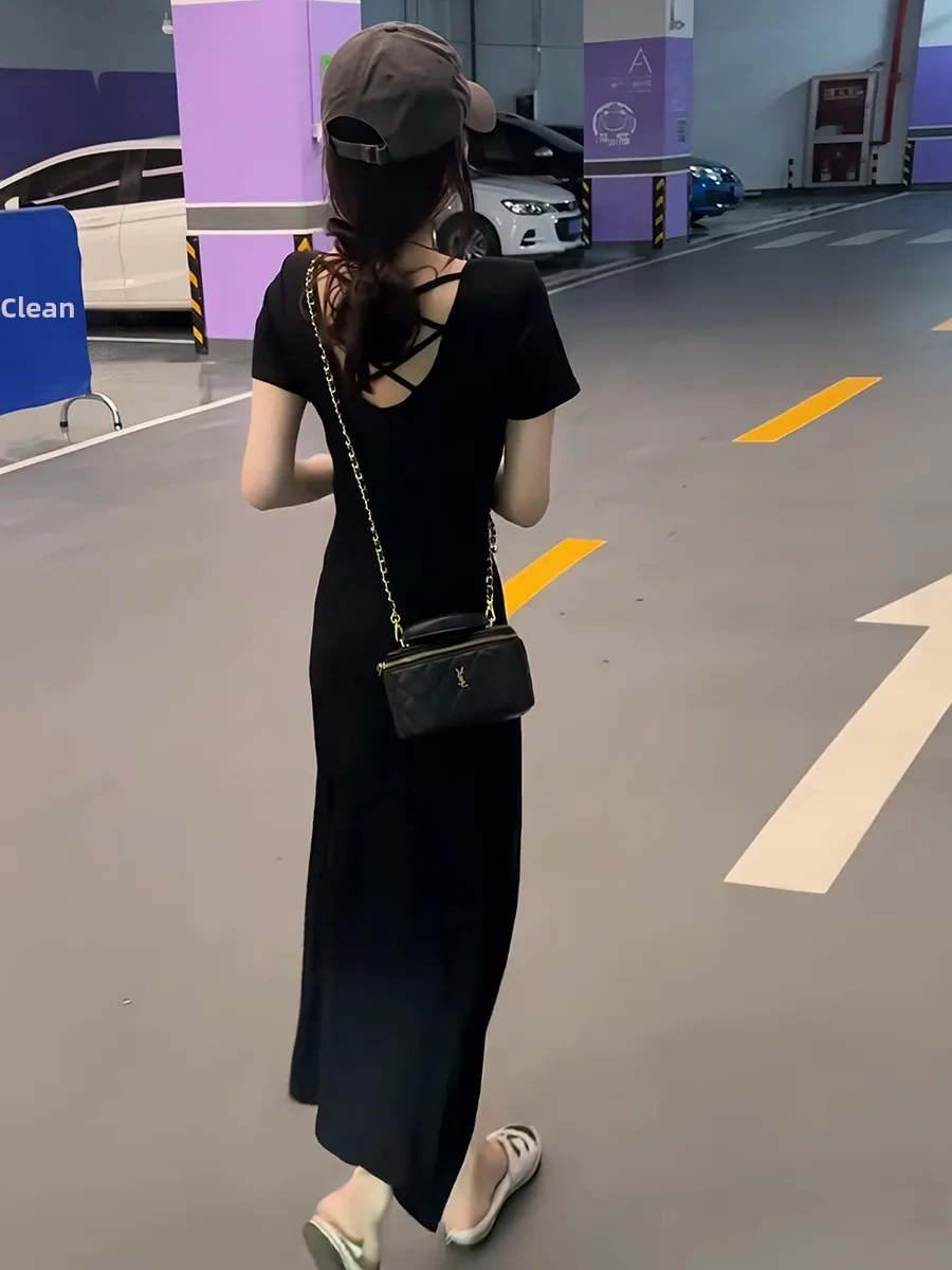 Ele Hollow out Cross Ba Bla Dr Women's Slimming A-Line Long Dr Summer Season Faion High-End Feeling Casual Wear