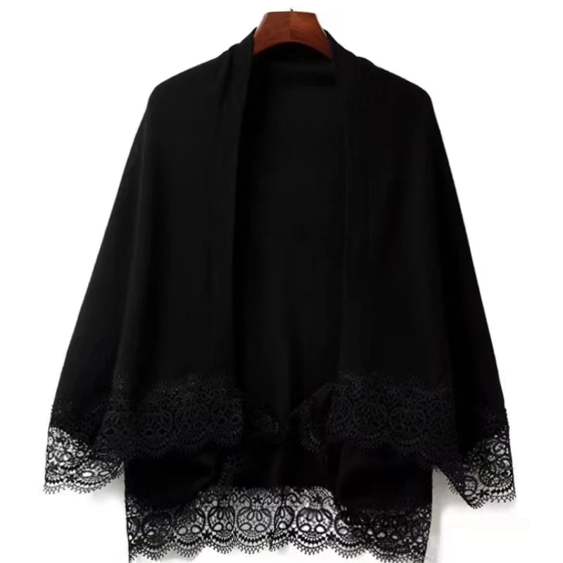 Scialle lavorato a maglia in pura lana di fascia alta con Cardigan in pizzo di pizzo, scialle a mantella in tinta unita, Versatile per le donne, elegante lusso leggero