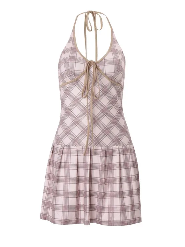 Mode Plaid Halter Kleid Y2K Frauen High-taille Spitze-up V-ausschnitt Ärmellose Mini Kleider Sexy Sommer Party Club Vestidos AE44