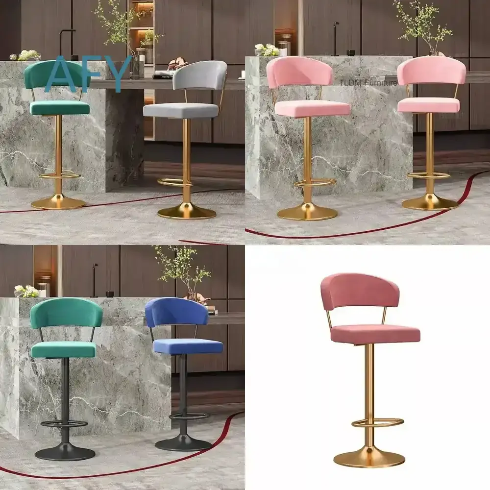 Counter Height Bar Stool for Adjustable Height Chair with Velvet Upholstered Backrest Metal Frame Swivel Base Kitchen Island