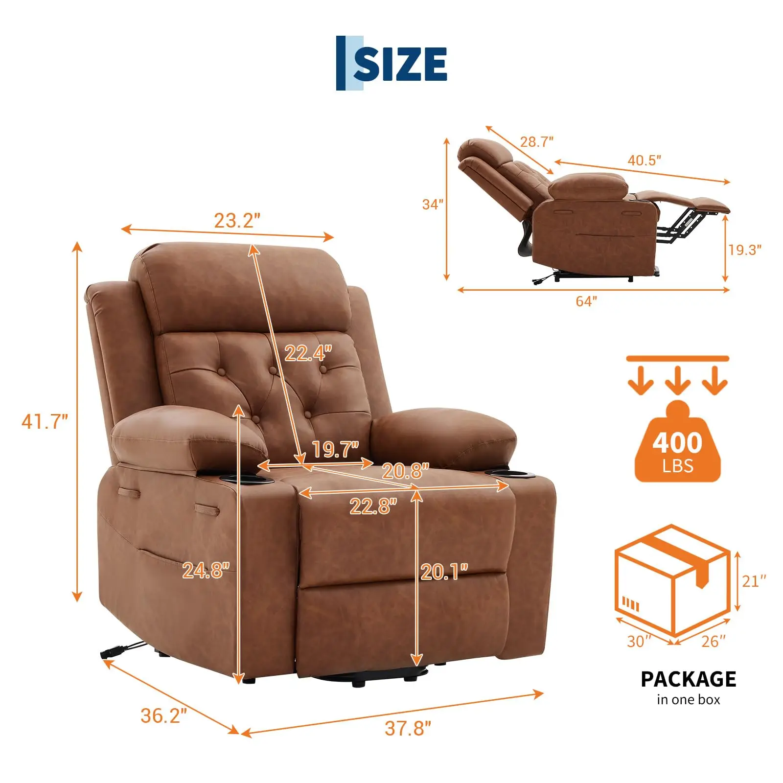 Oversized Power Lift Recliner Chair for Adults, PU Leather Upholstery, Heated Vibration Massage, Thick Padded Seat, Dual Cup Holders & Storage Pockets, Electric Lift Assist for Elderly, Ideal for Living Room & Bedroom