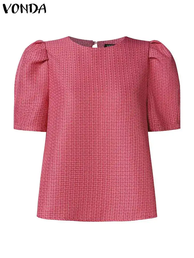 VONDA Women Elegant Office Blouse 2023 Fashion Round Neck Short Sleeve Shirt Casual Loose Solid Color Knitted Tops Femininas