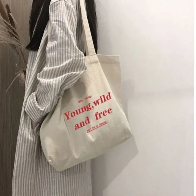 Sac à Main en Toile avec Fermeture Éclair pour Femme, Fourre-Tout Décontracté de Grande Capacité, avec Lettres Imprimées, à la Mode, Harajuku