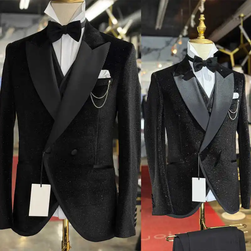 Luxurious Glitter Men Formal Suit 2‑Piece Set Satin Peak Lapel Double Breasted Pocket Chain Wedding Tuxedo Jacket Trouser Custom