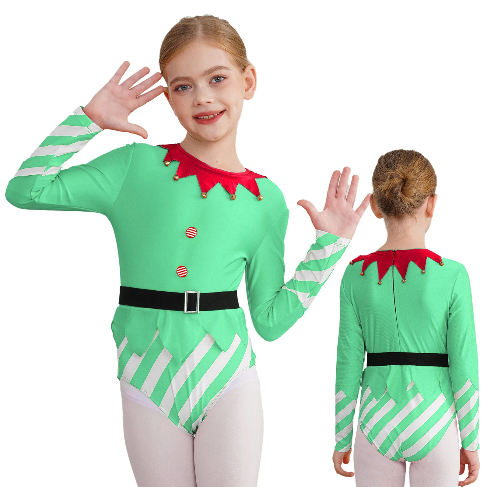 Kids Girls Christmas Costume for Dance Performance Stripes Brass Bells Dance Leotard Athletic Gymnastic Bodysuit with Belt