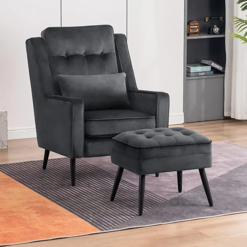 Velvet Accent Chair with Ottoman, Modern Armchair for Small Space, Living Room, Office Reception, Fabric