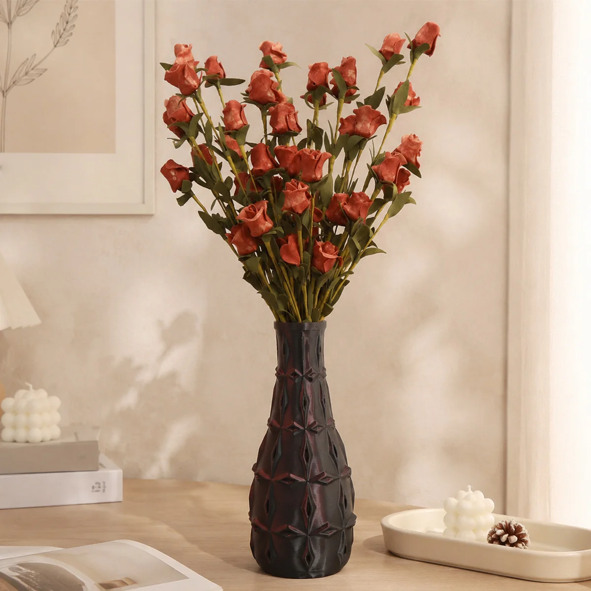 Cross-border Art Flower Vase, Vintage Rhombus 3D Embossed Slim Neck Vase, Mid-century Home Living Room Dried Fresh Flower Tablet