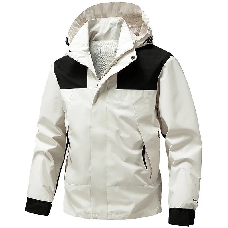 Men's Colorblock Hooded Windbreaker Jackets Autumn Spring Full Zip Multi Pockets Workwear Jackets Mesh Lined Outdoor Sports Coat