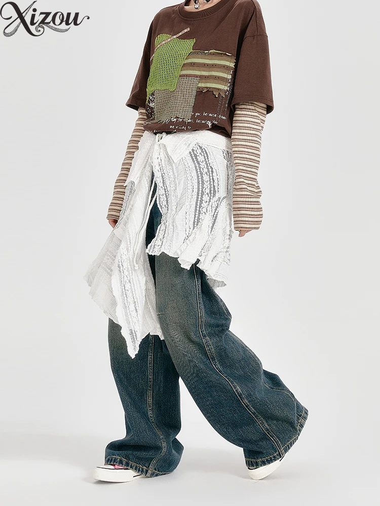 2025 Women Skirts American Retro Y2k Vintage White Irregular Hem A-Line High Waist Lace-Up Tied Belted Summer Loose Trend Hole