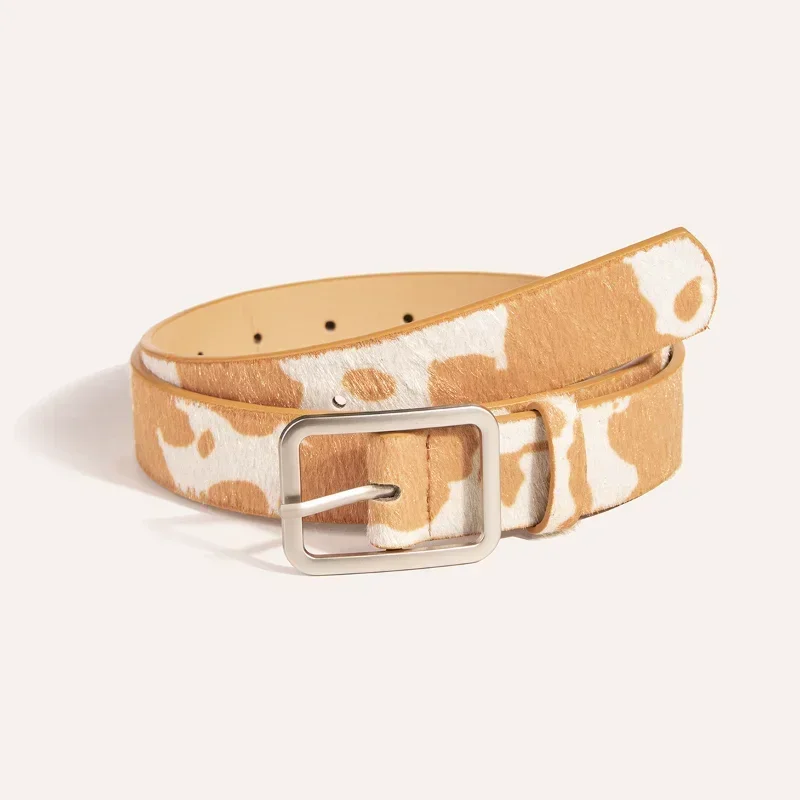 Colorful Cow Print Belts Fashionable Simulated Animal Fur Belts Zinc Alloy Buckles Woman Apparel Accessories