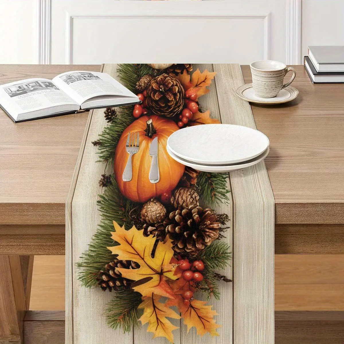 1 Piece of Autumn Forest Table Runner, Pumpkin with Wooden Bottom, Pine Cones, Autumn Leaves, Suitable for Restaurants, Home Furnishings, Harvest Parties, Pastoral Market.