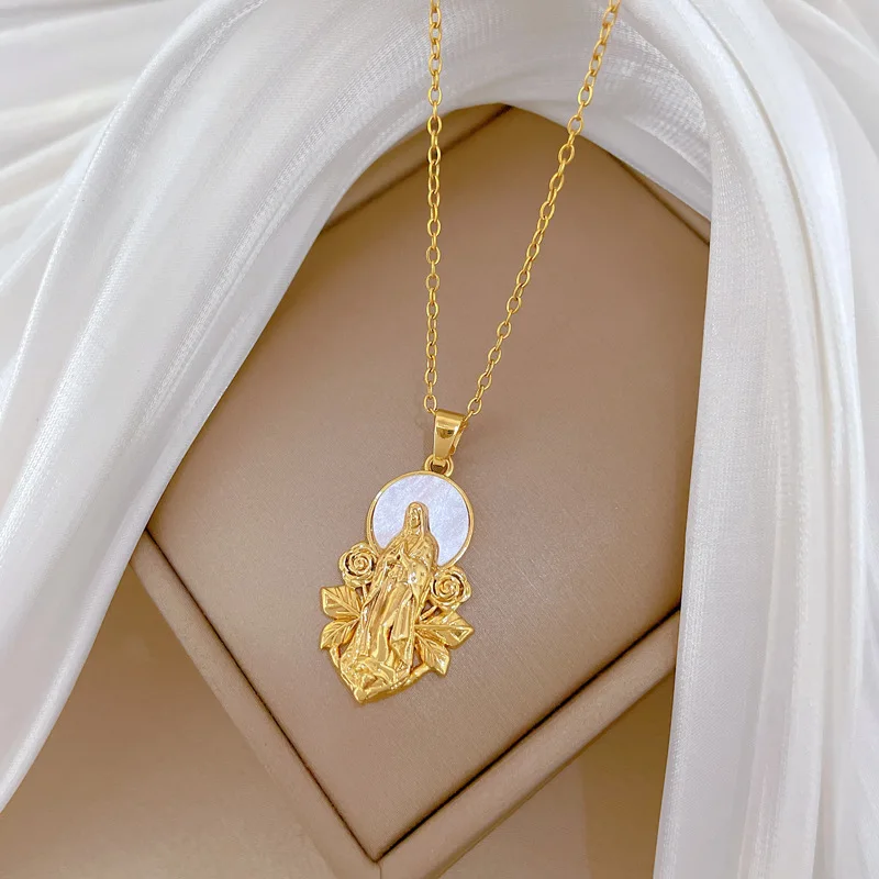 قلادة مريم العذراء المطلية بالذهب للرجال والأولاد، قلادة على شكل صدفة كاثوليكية مع سلسلة شفاه من الفولاذ المقاوم للصدأ، هدية مجوهرات صلاة الإيمان