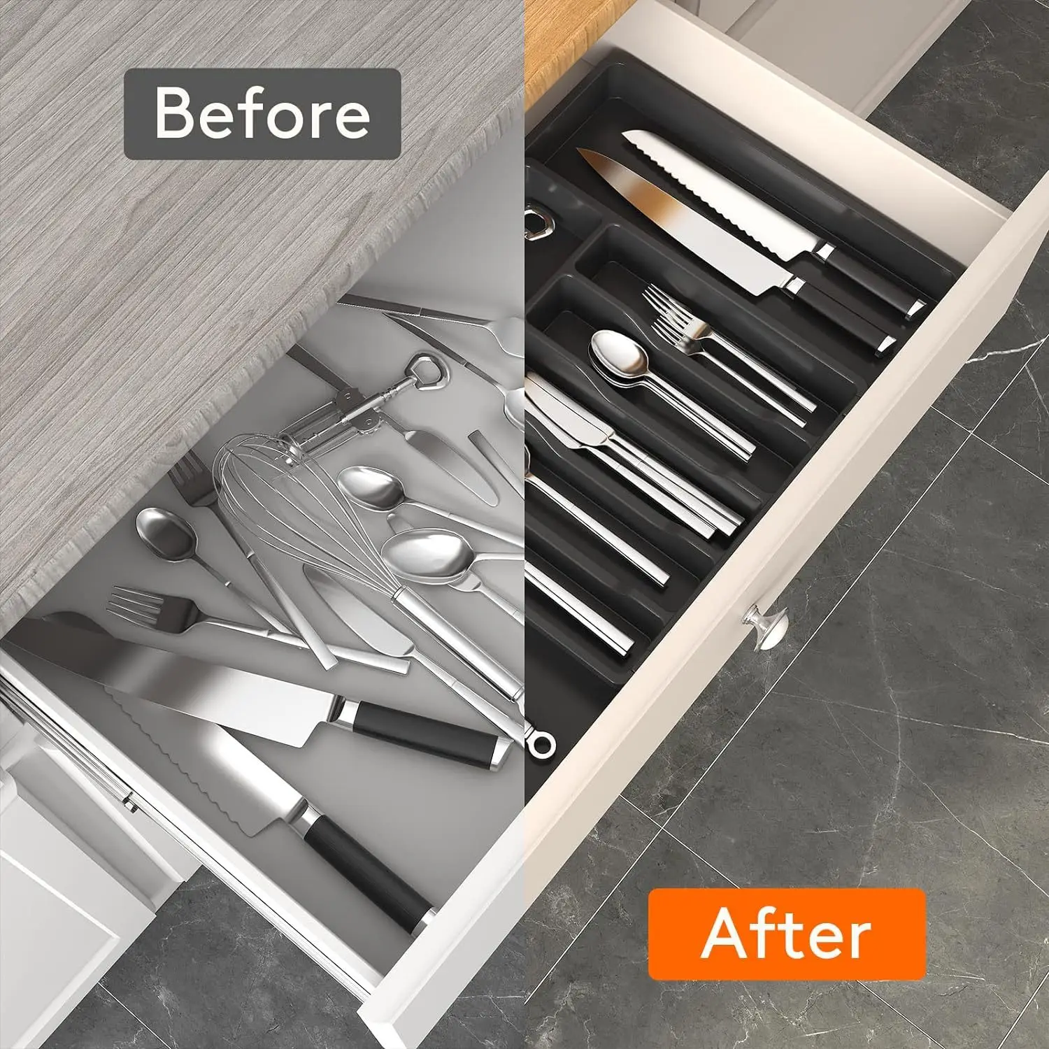 Silverware Drawer Organizer,Kitchen Expandable Cutlery Tray,Adjustable Cutlery Rack,Kitchen Storage Spoon Fork Knife Organiz