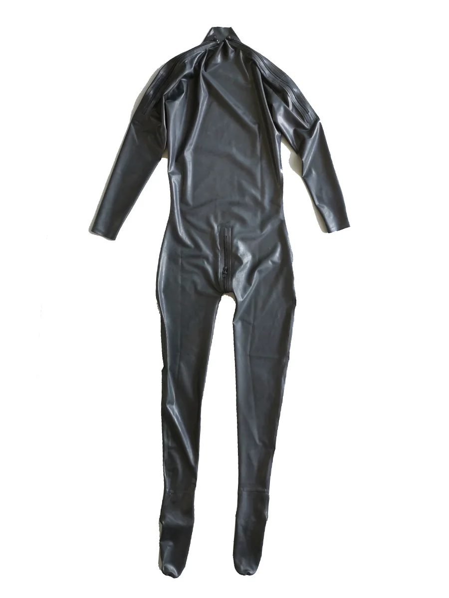 

Suitop Men's shoulder entry black heavy latex castuit with socks black rubber catsuit with Double Shoulders Zipper