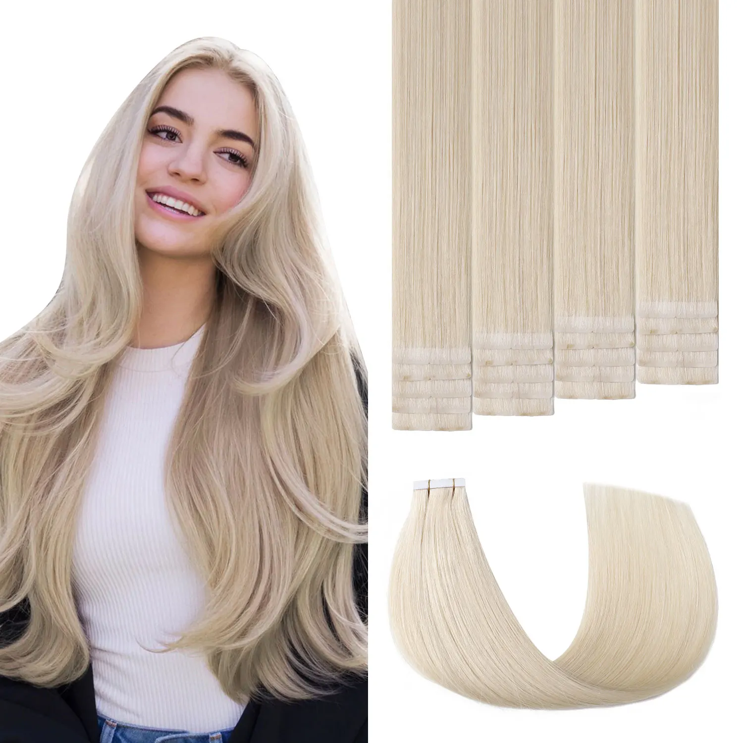 3rd-Generation Invisible Tape in Hair Extensions Real Human Hair #60 Platinum Blonde 20pcs Invisi Edge Tape ins Extensions
