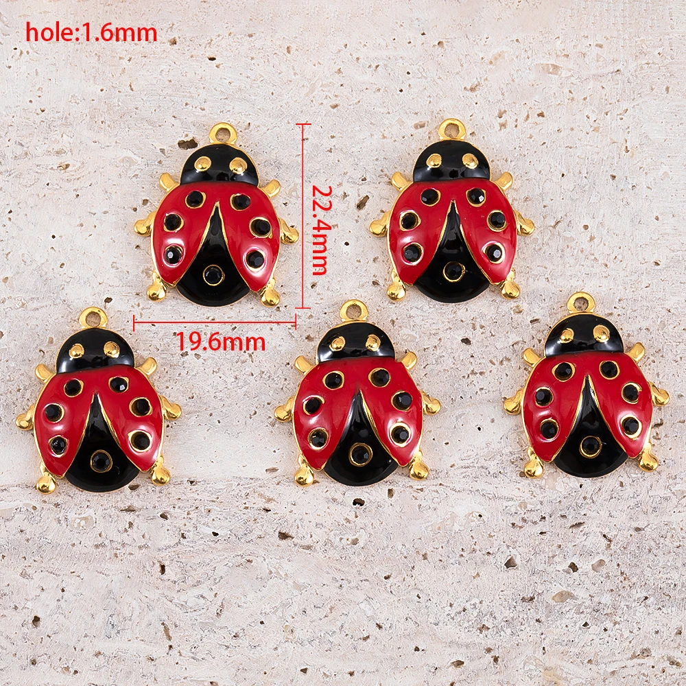 2Pcs Animal Red Ladybug Stainless Steel Charms Gold Plated Enamel Insect Pendant Jewelry Making DIY Necklaces Earrings Supplies