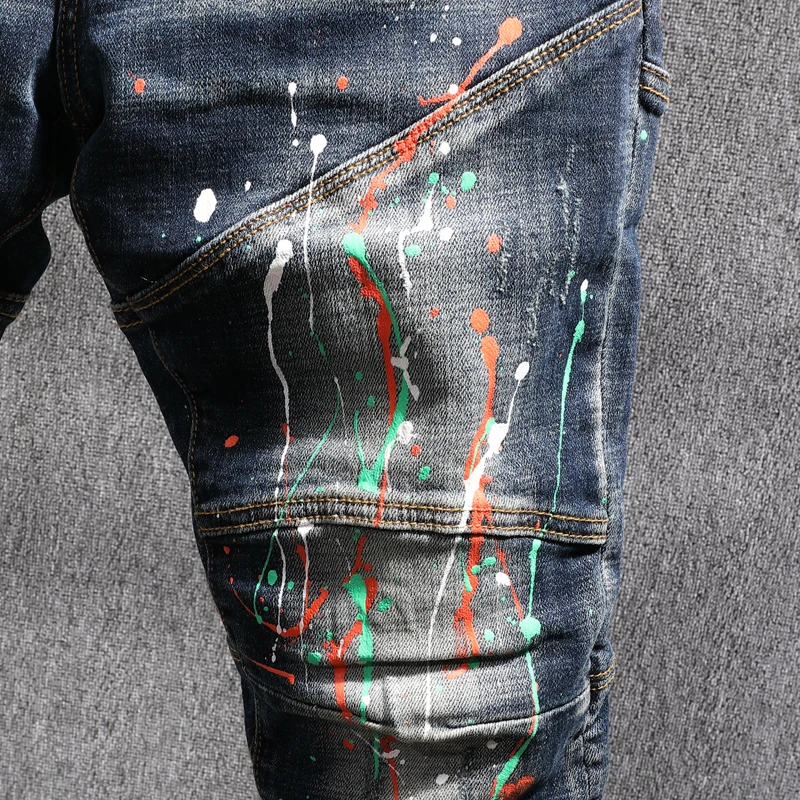 Streetwear Fashion Men Jeans Retro Black Blue Slim Fit Stretch Spliced Designer Biker Jeans Homme Painted Hip Hop Punk Pants Men