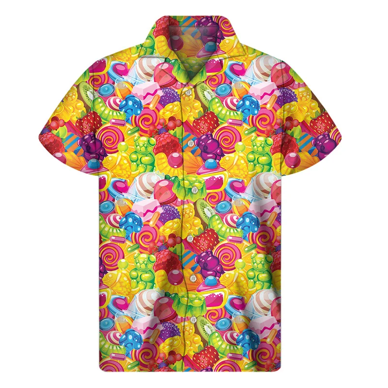 Colorful Gummy Lollipop Shirts Men Women 3D Printed Candy Hawaiian Shirts Summer Button Short Sleeve Lapel Shirts