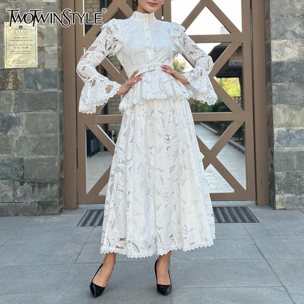 TWOTWINSTYLE Wyszczuplające Sukienki z Nadrukiem, Przezroczystymi Wstawkami i Falbankami dla Kobiet, Stójka, Długie Rękawy, Wysoki Stan, Elegancka Sukienka Damska