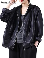 Amax luluE Spring European Outerwear Womens Black Faux Leather Jacket Ladies Punk Casual Pu Biker Coat Loose Motorcycle Clothing