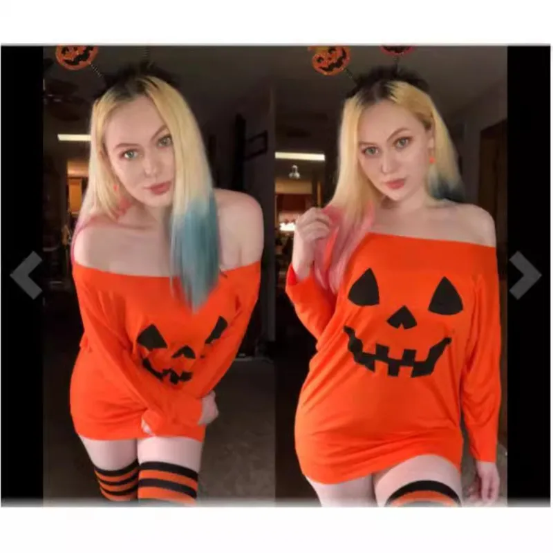 

Women Pumpkin Print Dresses Sexy Off Shoulder Long Sleeves Short Dresses Halloween Party Dresses For 2025 New
