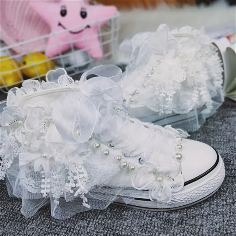 Handmade Lace Pearl Three-Dimensional Flower Canvas Shoes White High Top Wedding Party Casual Women's Shoes 35-40