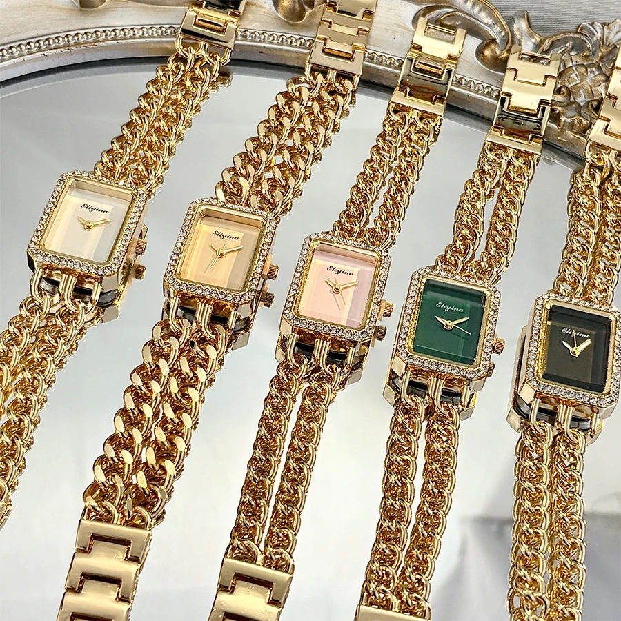Elegant Golden Square-Faced Double-Chain Wrist Watch for Women: A Symbol of Refined Glamour