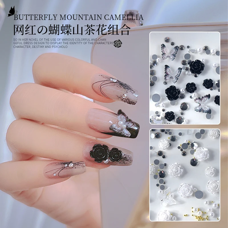 

3D Resin Camellia Flowers Nail Art Decorations Black White Colorful Rose Butterfly Pearl DIY Relief Jewelry Manicure Accessories