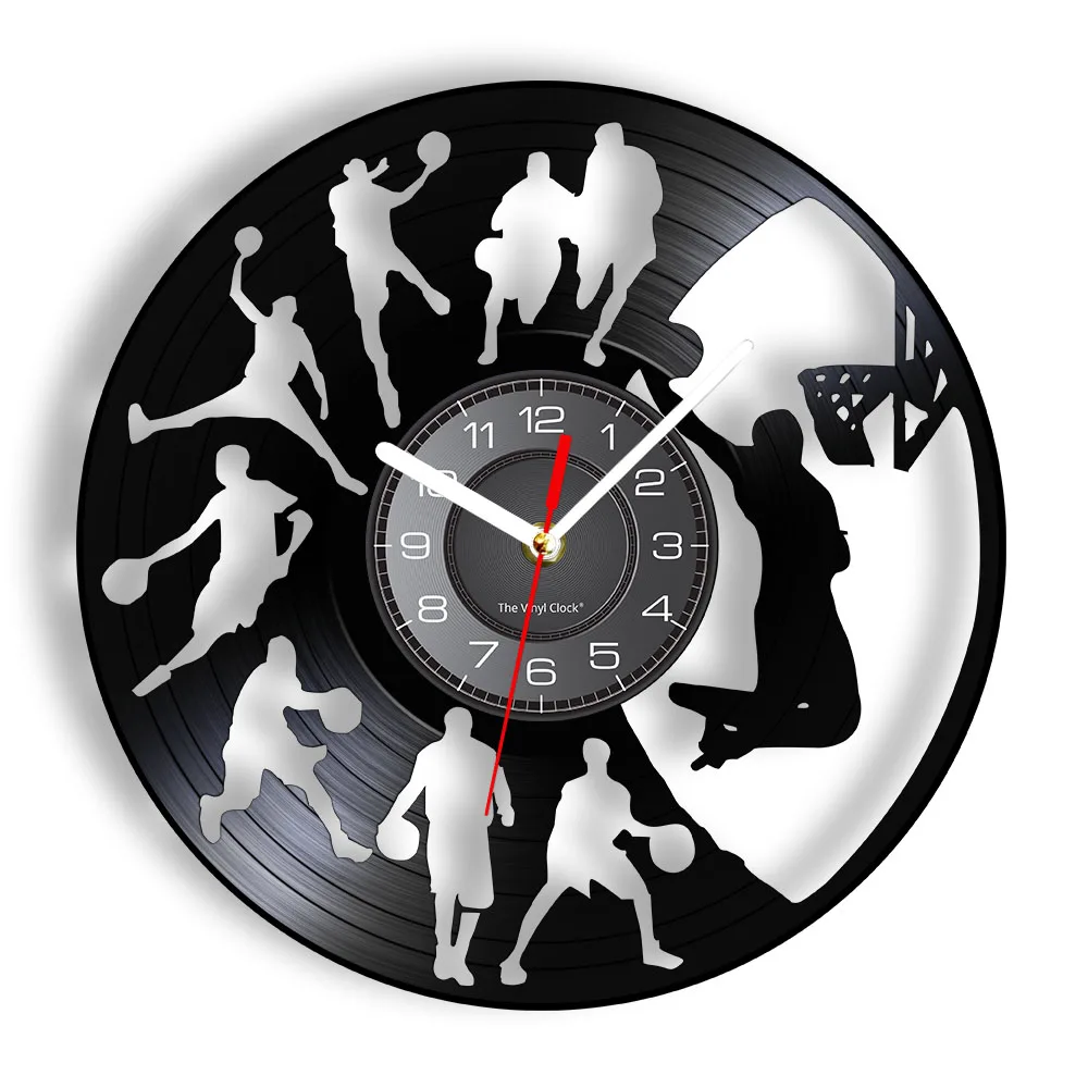 Basketball Dunk Sportsroom Home Decor Wall Clock Basketball Players Silhouette Dunking Vinyl Record Clock Mancave Wall Decor