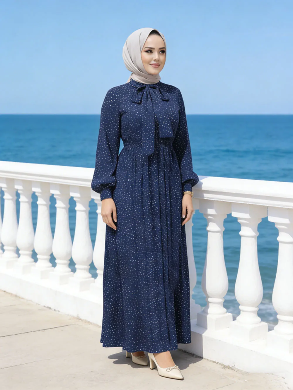 

Fashion Dubai Polka Dots Pleated Jalabiya for Women Middle East Muslim Long Sleeve Dress Turkey Kaftan Abaya Islamic Modest Robe