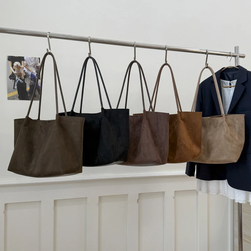 Suede Tote Bag Large Capacity Shoulder Bag Casual Commuter Handbag Trendy Daily Work Bag Minimalist Solid Color Top Handle Bag
