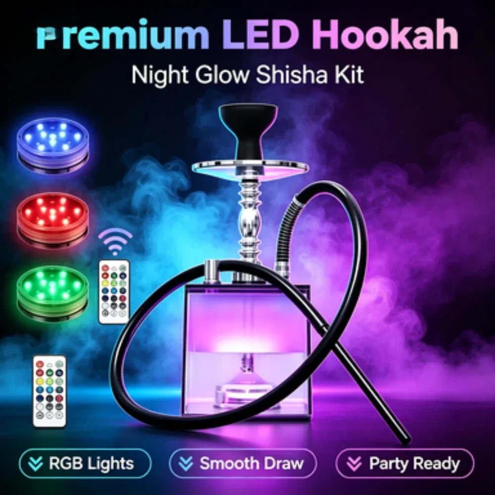 Large Smoke Acrylic Double Hose Hookah Set With LED Light Smoking Water Pipe Silicon Bowl&Clip Transparent Hookah Set SOT