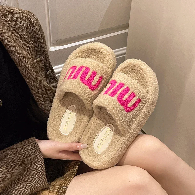 Women One Word Thick Fur Slippers Double Fur Flip Flops Home Cotton Shoes for Women Plush Slippers Femme 2024 New Autumn Winter