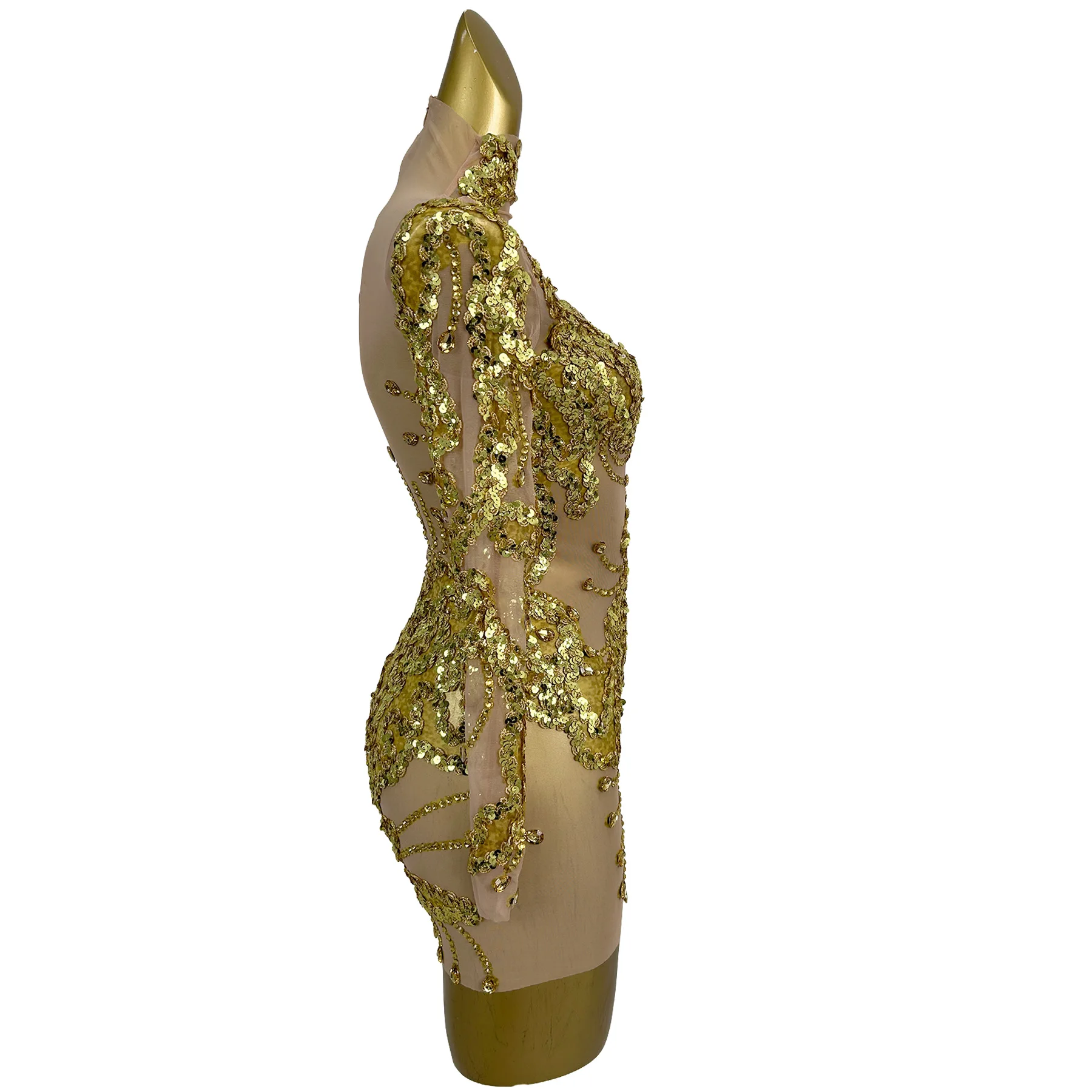 

Элегантное вечернее платье Shanhu для женщин: блестящие золотые пайетки, прозрачная сетка, костюм для выступлений на сцене, выпускных вечеров и барных мероприятий