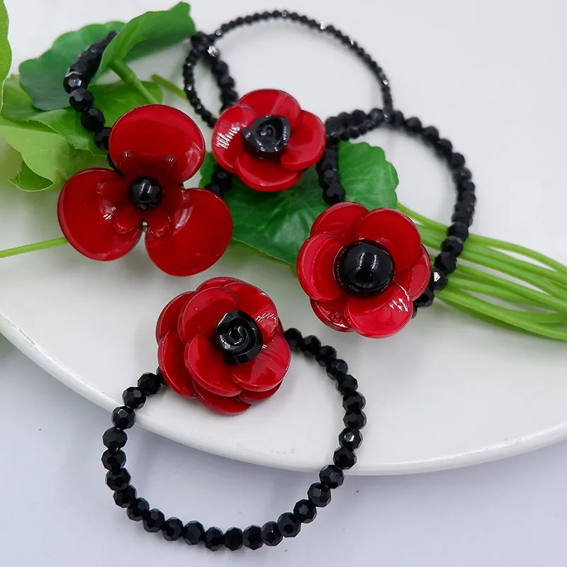 

New Classic Red With Black Flower Elastic Bracelet Black Crystal Beads Match For Women Girl Usual Wearring