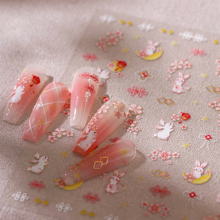 Rabbit Bunny Moon Flower Lantern Peach Blossom Star Bowknot Self Adhesive Nail Art Stickers Rhinestone Delicate Manicure Decals