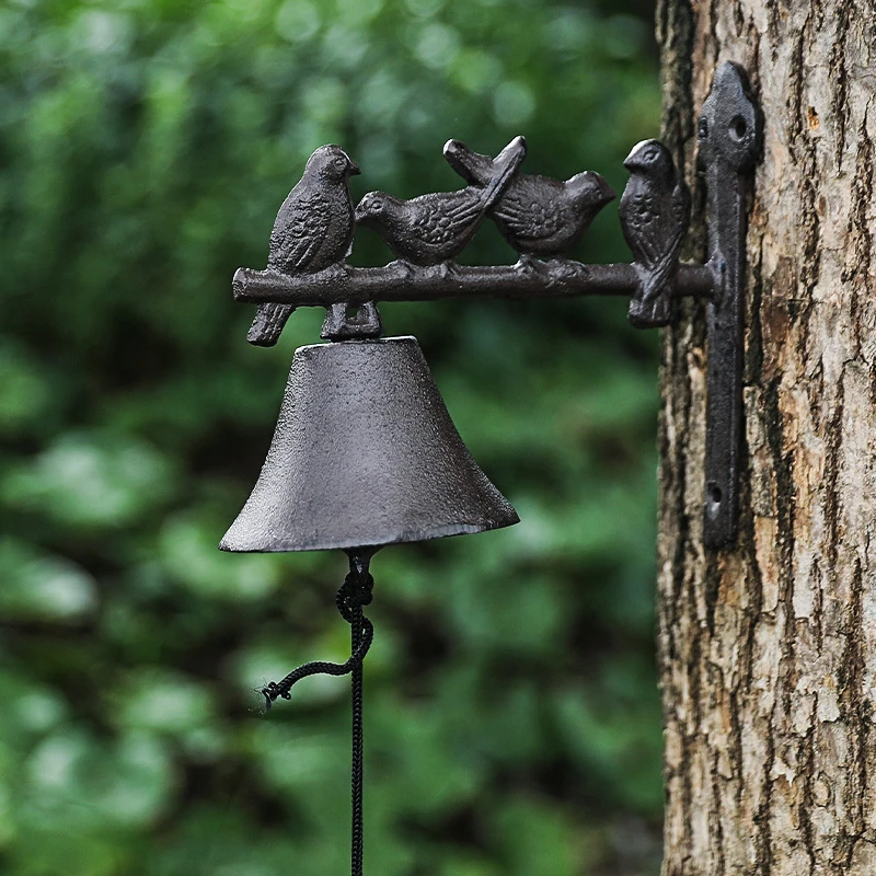 European Retro Four Birds Cast Iron Hand Cranking Wall Bell Rustic Wall Mounted Door Bell Home Garden Birds On Branch Bell