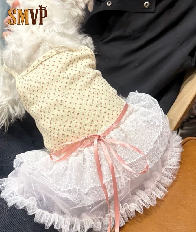 

Original Summer Light and Breathable Polka Dot Mesh Dress Bow Decorative Vest Dress Pet Kitten Small Medium Dog Clothes