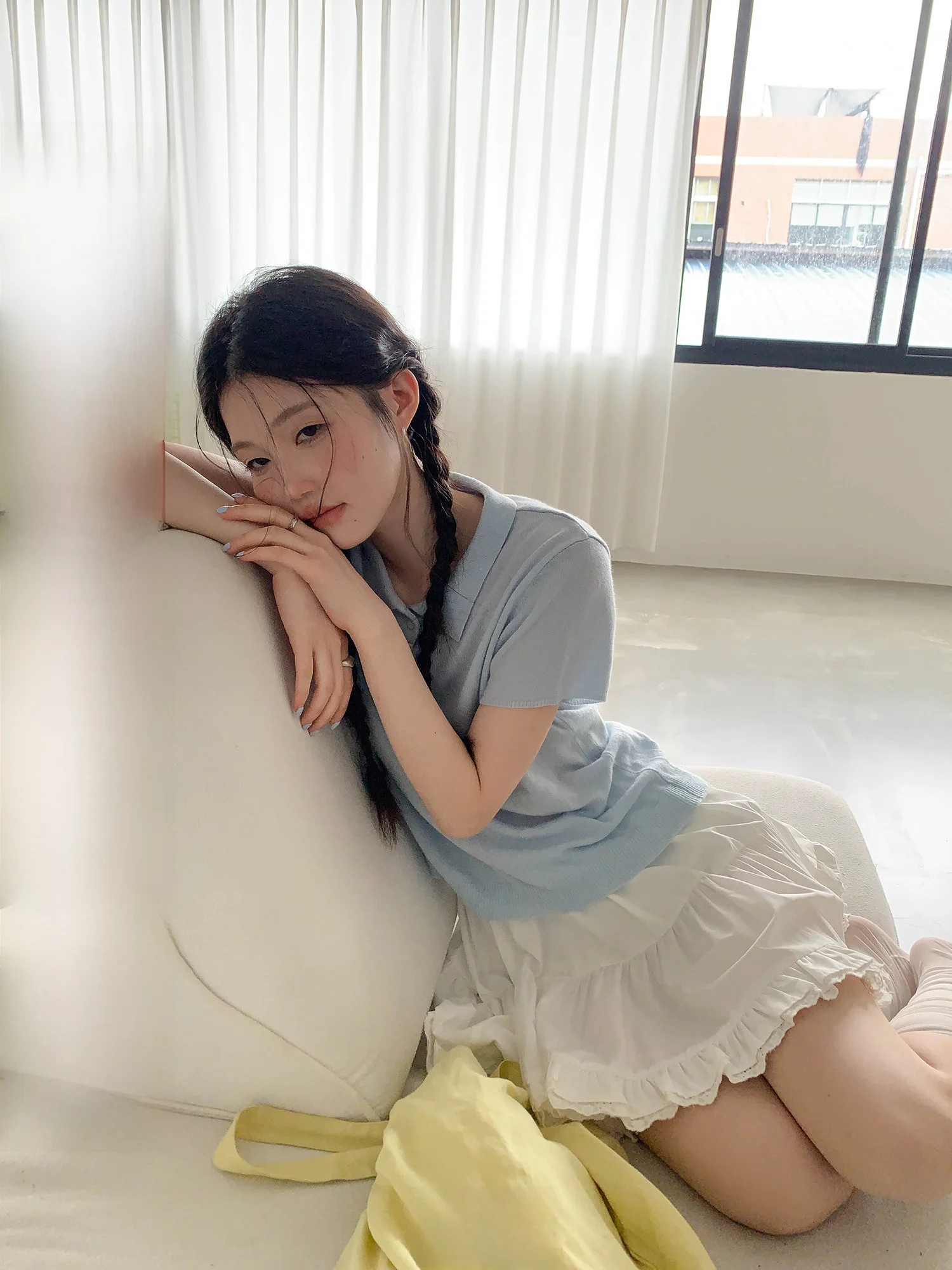 

Blue Neck Short Sleeve Knitted Top Women's Summer Lightweight Casual Style Loose Fit Korean Fashion College Style Top