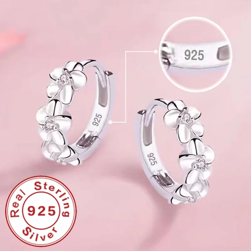 

925 Sterling Silver Small Rose Flower Round Hoop Earring AAA Zircon For Women Female Charm Engagement Wedding Jewelry