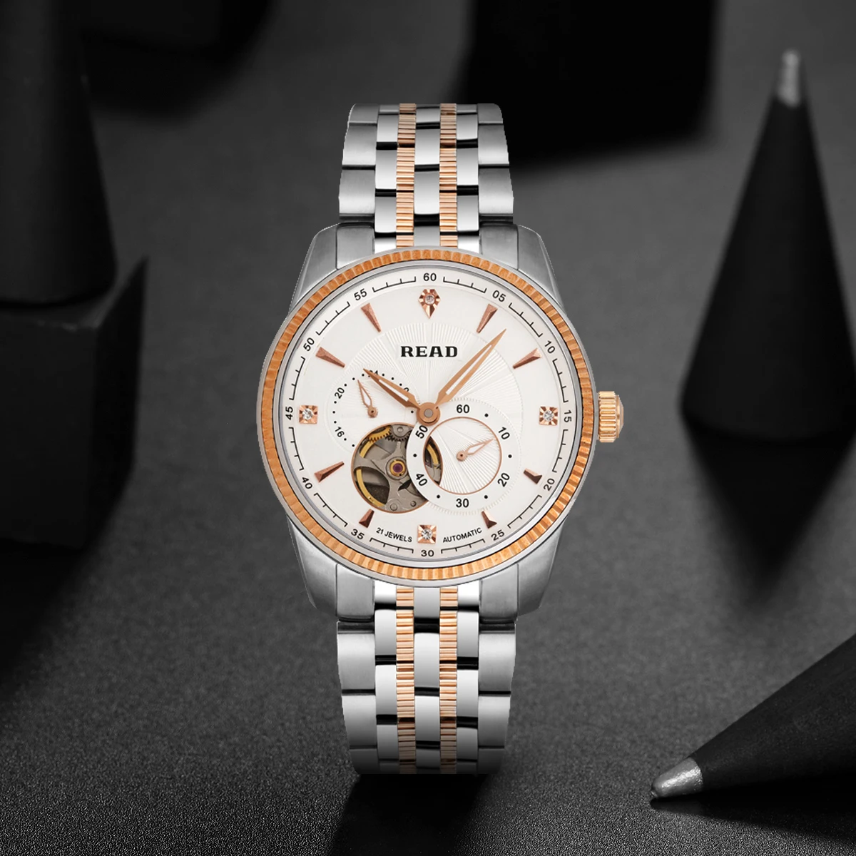 READ Men Automatic Watch | Two‑Tone Steel Band | Skeleton Dial | Sapphire Glass | 50M Water Resistant