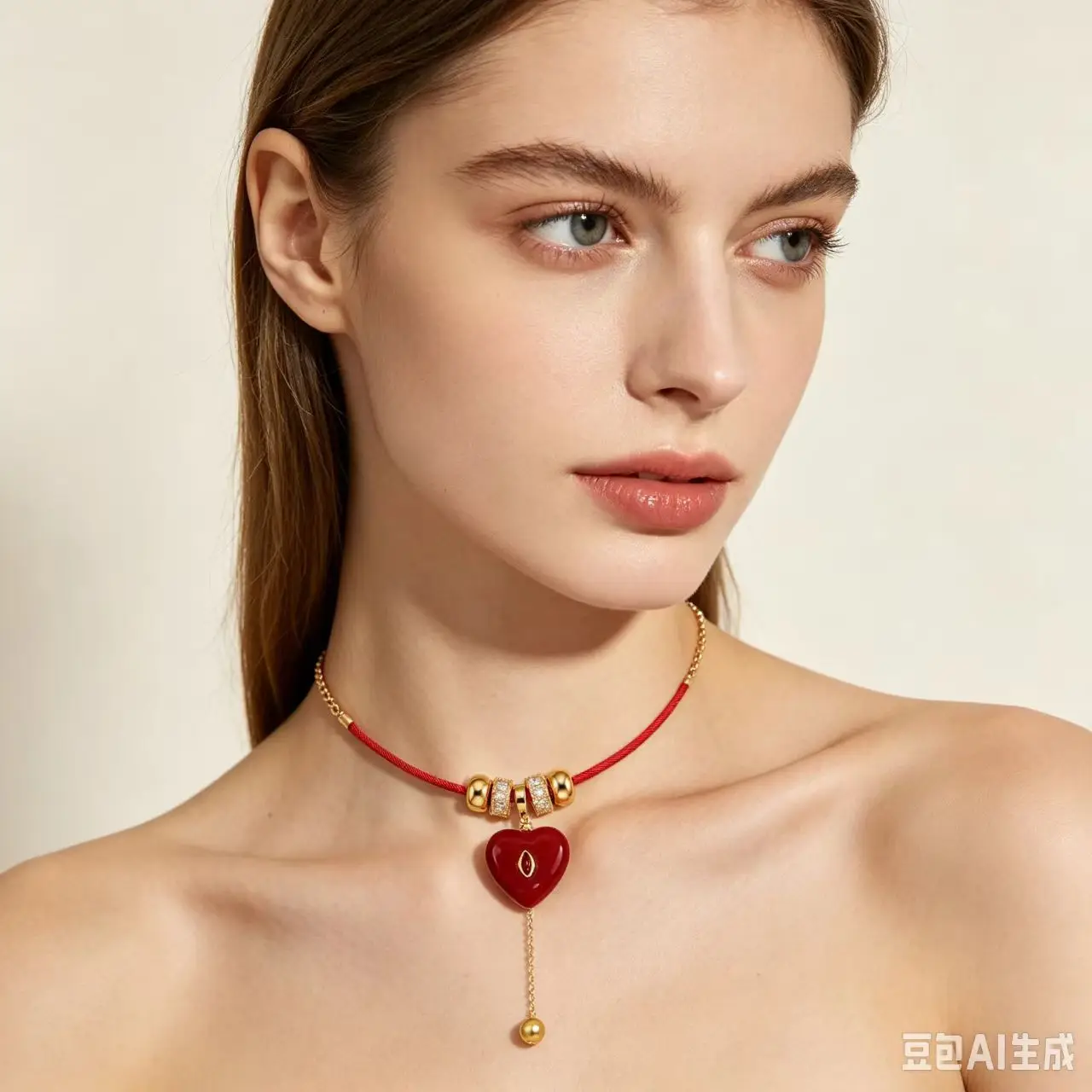 Red Cord Choker Necklace Red Heart Pendant Gold Spacer Beads Inlaid Rhinestone Short Neck Chain Fashion Charm Collar Jewelry for