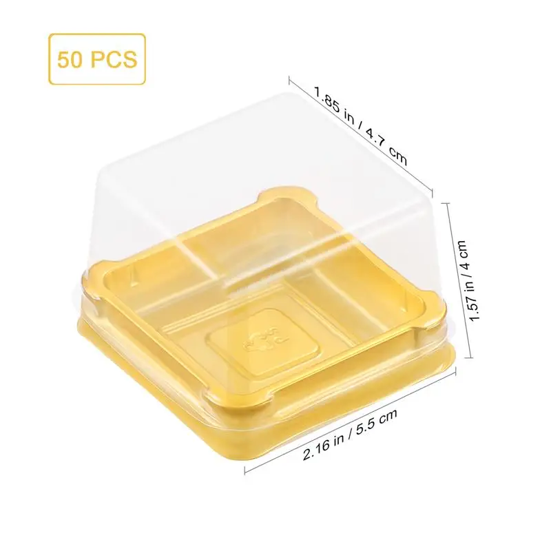 50pcs Plastic Square Mini Muffin Dessert Cake Box Container Trays Clear Mooncake Pastry Baking Packaging Boxes Gold 2024 New