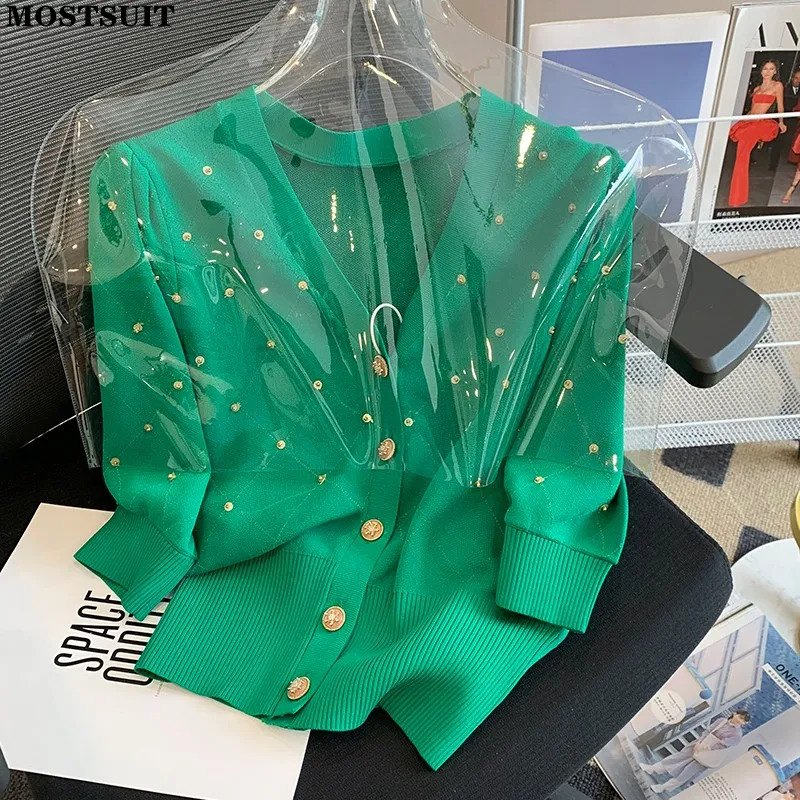 

2022 Summer Diamonds Beading Cardigan Women Puff Sleeve V-neck Crop Tops Green Stylish Fashion Ladies Women Knitwear Jumpers