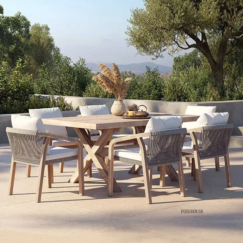 Italian Solid Wood Garden Chairs Outdoor Furniture Leisure Courtyard Villa Rope Chairs Hotel Garden Dining Table and Chair Set U