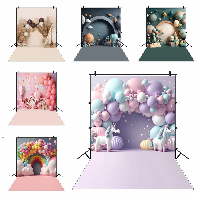 Girl Boy Baby 1st Birthday Backdrop Newborn First Birthday Party Pink Blue Balloon Flower Baby Cake Smash Photography Background